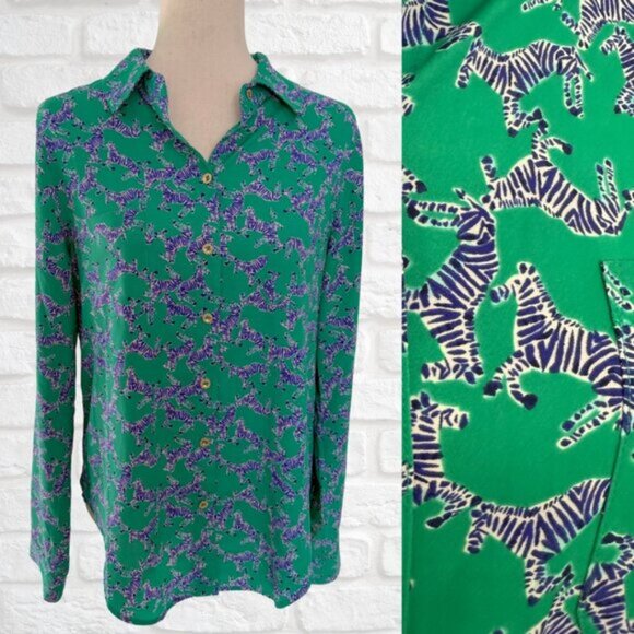 Lilly Pulitzer Tops - Lilly Pulitzer Green Blue Zebra Print Collared Button Down Blouse Shirt Top Sz M
